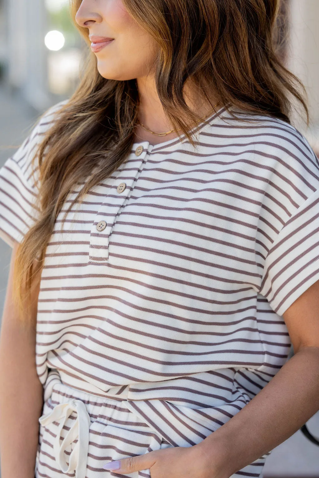 Striped Tri Button Relaxed Tee