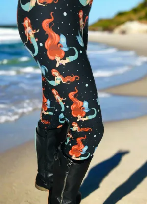 Womens Mermaid Leggings, Soft Yoga Pants, Sizes OS/TC, Yoga Waist, Black/Multi, Exclusive Leggings