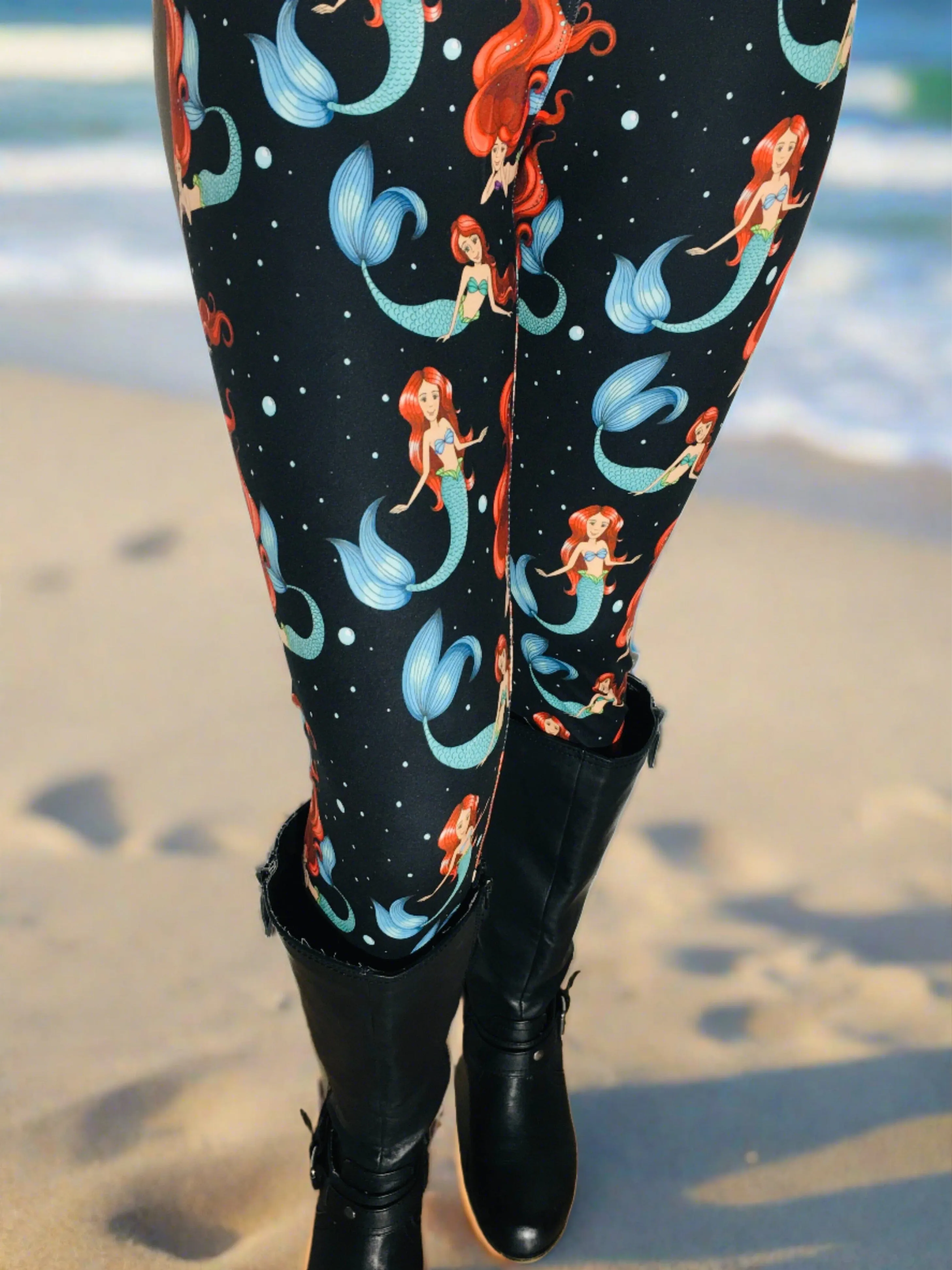 Womens Mermaid Leggings, Soft Yoga Pants, Sizes OS/TC, Yoga Waist, Black/Multi, Exclusive Leggings