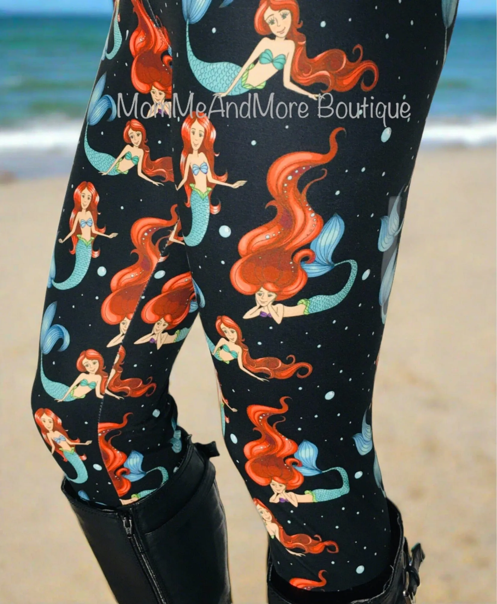 Womens Mermaid Leggings, Soft Yoga Pants, Sizes OS/TC, Yoga Waist, Black/Multi, Exclusive Leggings