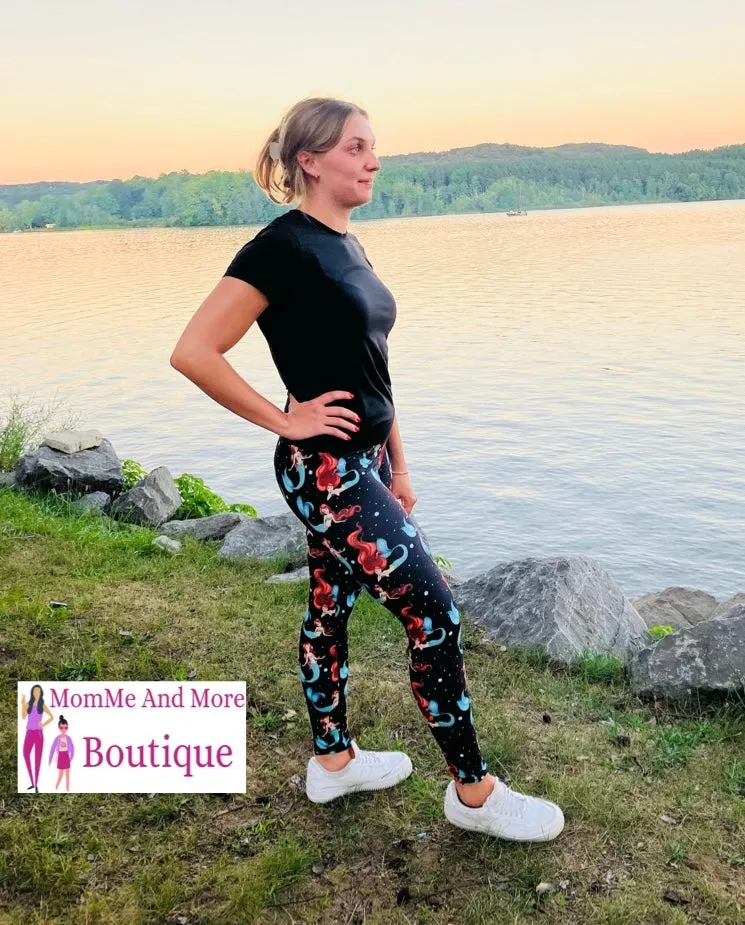 Womens Mermaid Leggings, Soft Yoga Pants, Sizes OS/TC, Yoga Waist, Black/Multi, Exclusive Leggings