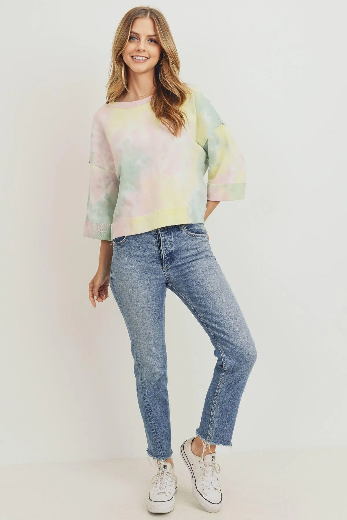 Women's Tie Dyed 3/4 Sleeve Round Neck Top